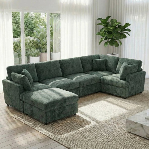 English Elm Reconfigurable Modular Cloud Sectional with Deep Linen Seats and Flexible Chaise Layout Green W680S00226