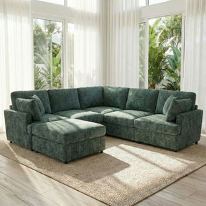 English Elm Reconfigurable Modular Cloud Sectional with Deep Linen Seats and Flexible Chaise Layout Green W680S00226