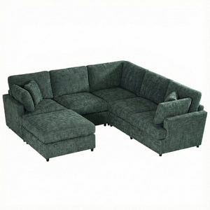 English Elm Reconfigurable Modular Cloud Sectional with Deep Linen Seats and Flexible Chaise Layout Green W680S00226