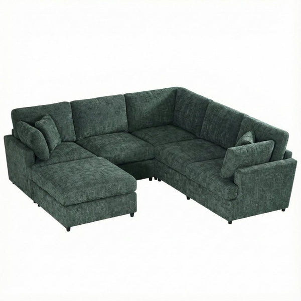 English Elm Reconfigurable Modular Cloud Sectional with Deep Linen Seats and Flexible Chaise Layout Green W680S00226