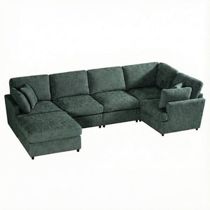 English Elm Reconfigurable Modular Cloud Sectional with Deep Linen Seats and Flexible Chaise Layout Green W680S00226