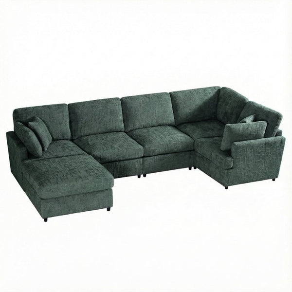 English Elm Reconfigurable Modular Cloud Sectional with Deep Linen Seats and Flexible Chaise Layout Green W680S00226