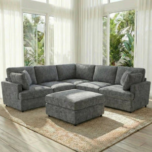 English Elm Reconfigurable Modular Cloud Sectional with Linen Upholstery Deep Seat Lounge Sofa W680S00227