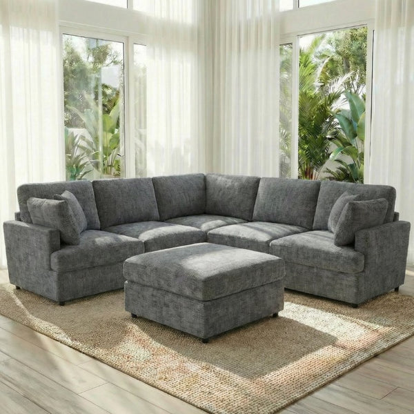 English Elm Reconfigurable Modular Cloud Sectional with Linen Upholstery Deep Seat Lounge Sofa W680S00227