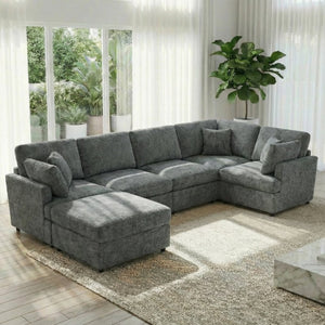 English Elm Reconfigurable Modular Cloud Sectional with Linen Upholstery Deep Seat Lounge Sofa W680S00227