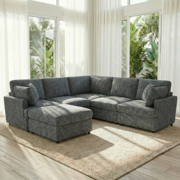English Elm Reconfigurable Modular Cloud Sectional with Linen Upholstery Deep Seat Lounge Sofa W680S00227