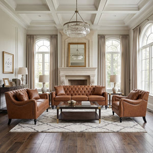 English Elm Pu Leather Sofa Set with Tufted Backrests Nail Head Trim and Solid Birch Wood Legs Brown W680S00230
