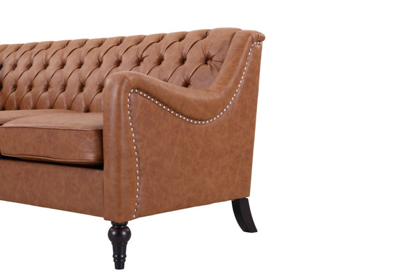English Elm Pu Leather Sofa Set with Tufted Backrests Nail Head Trim and Solid Birch Wood Legs Brown W680S00230