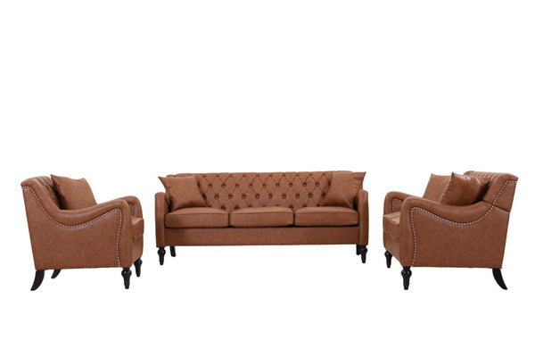 English Elm Pu Leather Sofa Set with Tufted Backrests Nail Head Trim and Solid Birch Wood Legs Brown W680S00230