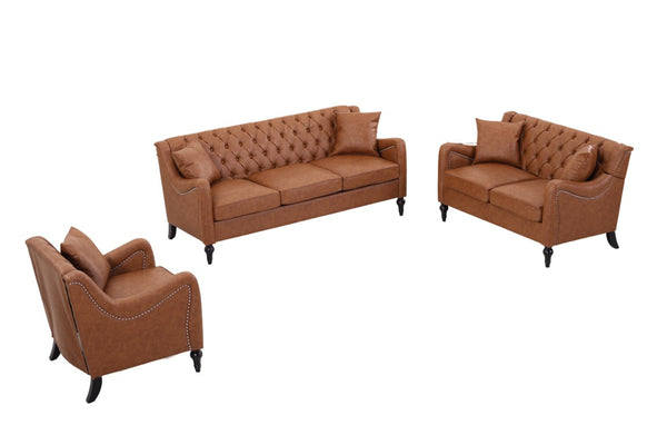 English Elm Pu Leather Sofa Set with Tufted Backrests Nail Head Trim and Solid Birch Wood Legs Brown W680S00230