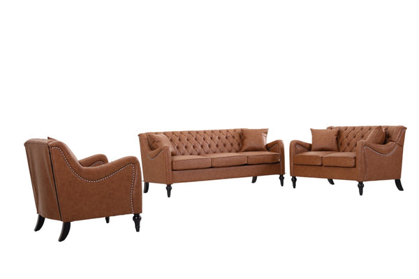 English Elm Pu Leather Sofa Set with Tufted Backrests Nail Head Trim and Solid Birch Wood Legs Brown W680S00230