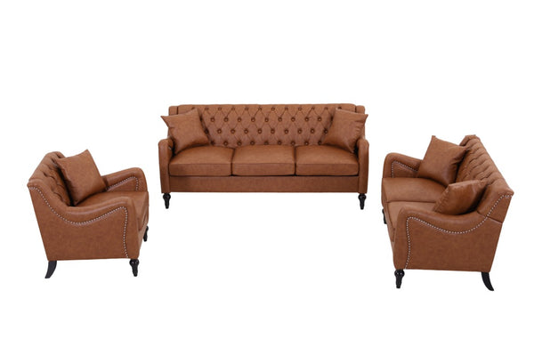 English Elm Pu Leather Sofa Set with Tufted Backrests Nail Head Trim and Solid Birch Wood Legs Brown W680S00230