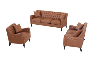 English Elm Pu Leather Sofa Set with Tufted Backrests Nail Head Trim and Solid Birch Wood Legs Brown W680S00230