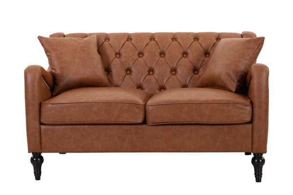 English Elm Pu Leather Sofa Set with Tufted Backrests Nail Head Trim and Solid Birch Wood Legs Brown W680S00230