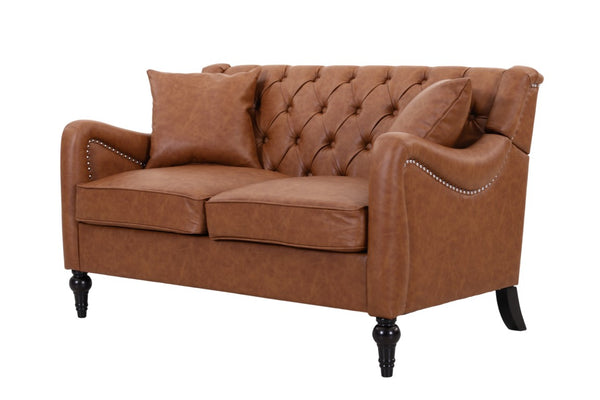 English Elm Pu Leather Sofa Set with Tufted Backrests Nail Head Trim and Solid Birch Wood Legs Brown W680S00230
