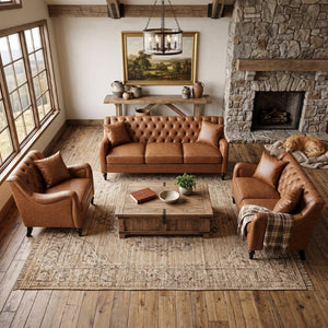 English Elm Pu Leather Sofa Set with Tufted Backrests Nail Head Trim and Solid Birch Wood Legs Brown W680S00230