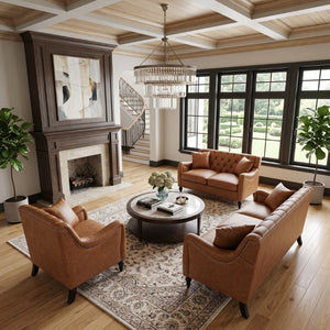 English Elm Pu Leather Sofa Set with Tufted Backrests Nail Head Trim and Solid Birch Wood Legs Brown W680S00230