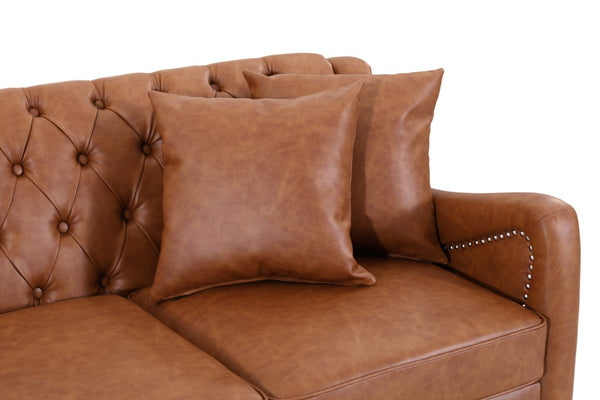 English Elm Pu Leather Sofa Set with Tufted Backrests Nail Head Trim and Solid Birch Wood Legs Brown W680S00230