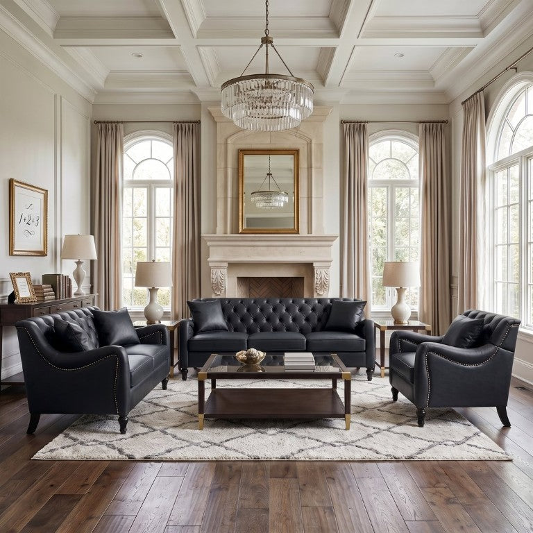 English Elm Pu Leather Sofa Set with Tufted Backrests Nail Head Trim and Solid Birch Wood Legs Black W680S00231
