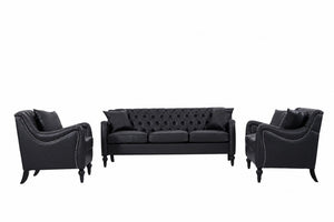English Elm Pu Leather Sofa Set with Tufted Backrests Nail Head Trim and Solid Birch Wood Legs Black W680S00231