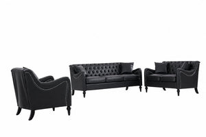English Elm Pu Leather Sofa Set with Tufted Backrests Nail Head Trim and Solid Birch Wood Legs Black W680S00231
