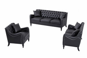 English Elm Pu Leather Sofa Set with Tufted Backrests Nail Head Trim and Solid Birch Wood Legs Black W680S00231