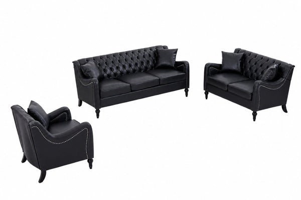 English Elm Pu Leather Sofa Set with Tufted Backrests Nail Head Trim and Solid Birch Wood Legs Black W680S00231