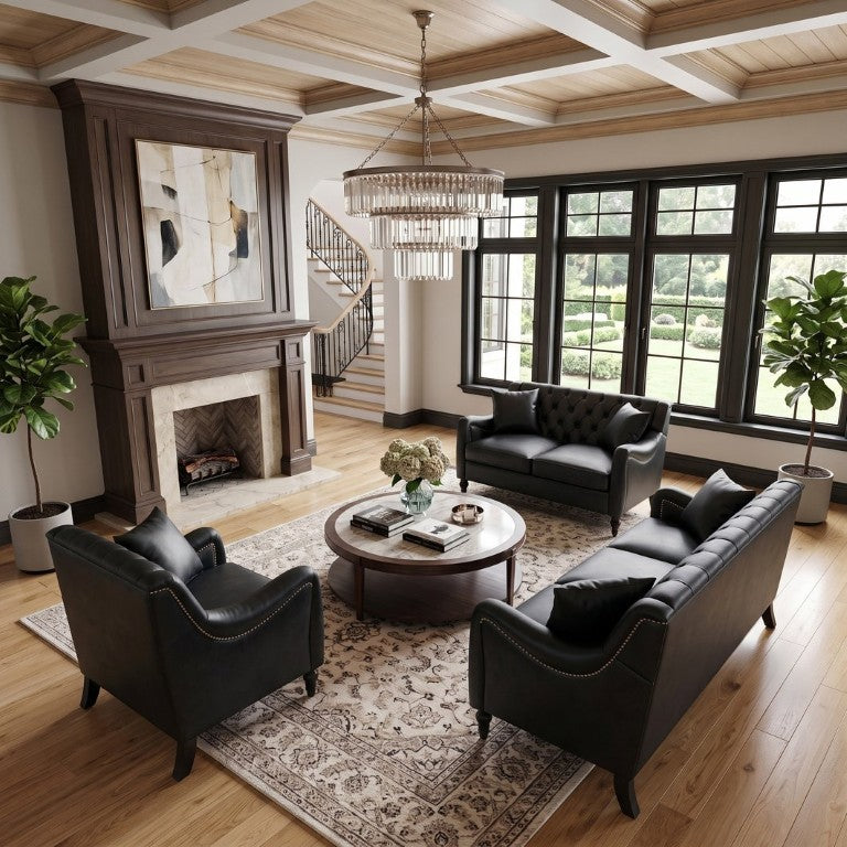 English Elm Pu Leather Sofa Set with Tufted Backrests Nail Head Trim and Solid Birch Wood Legs Black W680S00231