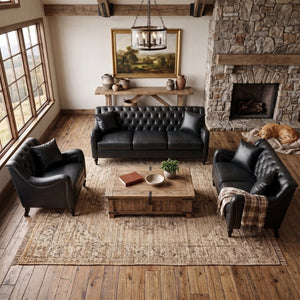 English Elm Pu Leather Sofa Set with Tufted Backrests Nail Head Trim and Solid Birch Wood Legs Black W680S00231