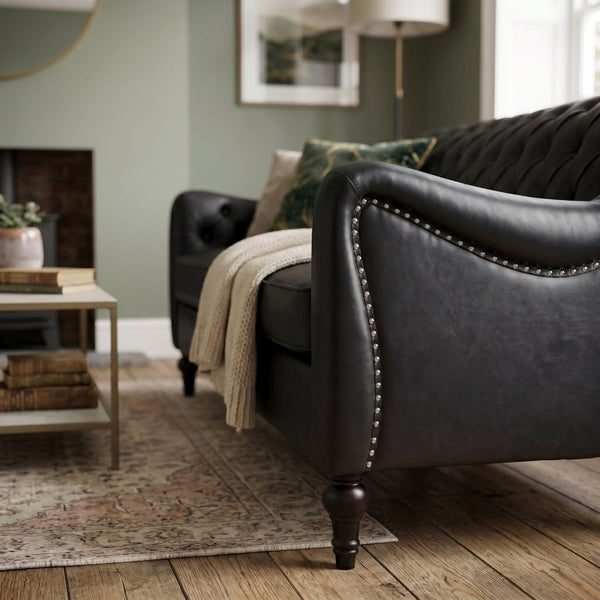 English Elm Pu Leather Sofa Set with Tufted Backrests Nail Head Trim and Solid Birch Wood Legs Black W680S00231