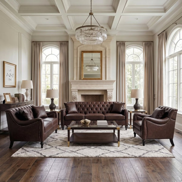 English Elm Pu Leather Tufted Living Room Sofa Set with Nail-Head Trim and Birch Wood Legs 1+2+3 Piece Sofa Set W680S00232