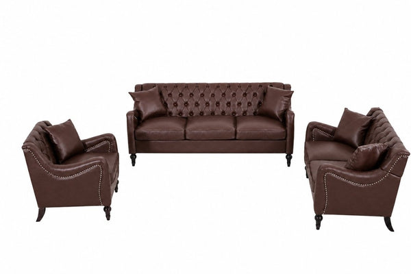 English Elm Pu Leather Tufted Living Room Sofa Set with Nail-Head Trim and Birch Wood Legs 1+2+3 Piece Sofa Set W680S00232