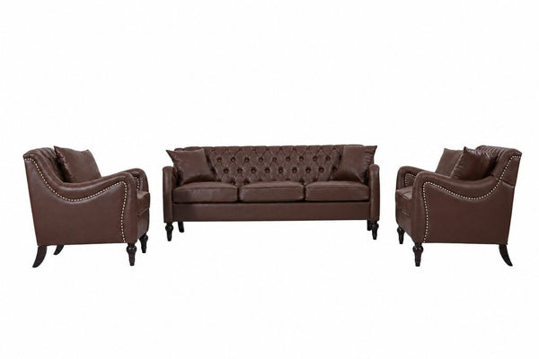English Elm Pu Leather Tufted Living Room Sofa Set with Nail-Head Trim and Birch Wood Legs 1+2+3 Piece Sofa Set W680S00232