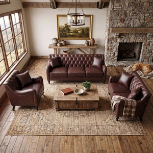English Elm Pu Leather Tufted Living Room Sofa Set with Nail-Head Trim and Birch Wood Legs 1+2+3 Piece Sofa Set W680S00232
