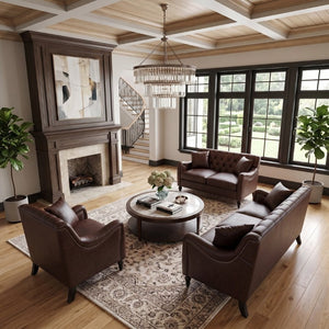 English Elm Pu Leather Tufted Living Room Sofa Set with Nail-Head Trim and Birch Wood Legs 1+2+3 Piece Sofa Set W680S00232