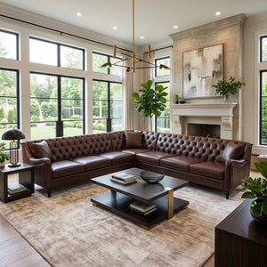 English Elm Pu Leather Tufted Living Room Sofa Set with Nail-Head Trim and Birch Wood Legs L-Shaped Sectional W680S00233