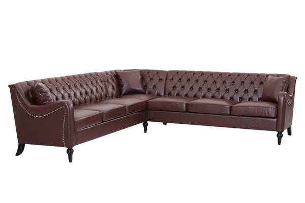 English Elm Pu Leather Tufted Living Room Sofa Set with Nail-Head Trim and Birch Wood Legs L-Shaped Sectional W680S00233