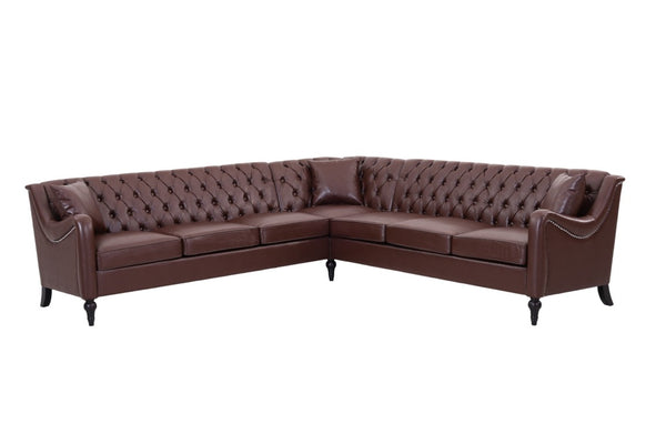English Elm Pu Leather Tufted Living Room Sofa Set with Nail-Head Trim and Birch Wood Legs L-Shaped Sectional W680S00233