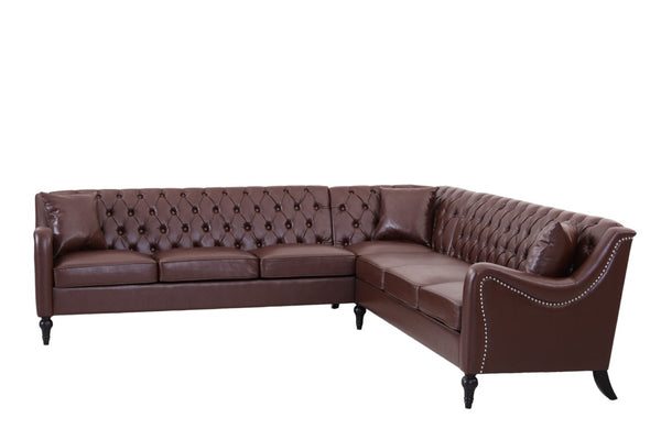 English Elm Pu Leather Tufted Living Room Sofa Set with Nail-Head Trim and Birch Wood Legs L-Shaped Sectional W680S00233