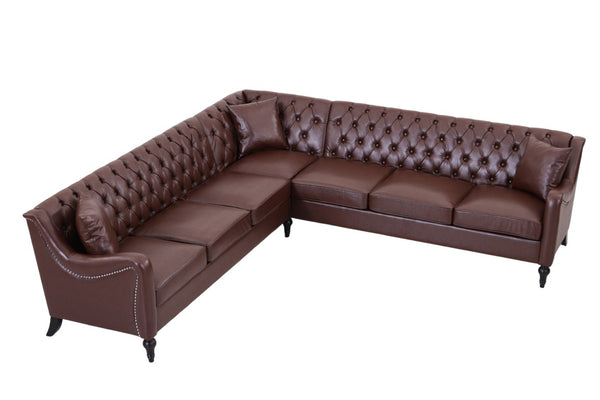 English Elm Pu Leather Tufted Living Room Sofa Set with Nail-Head Trim and Birch Wood Legs L-Shaped Sectional W680S00233