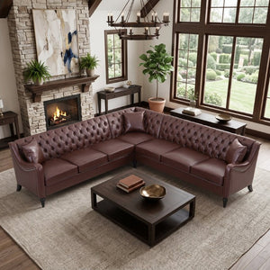 English Elm Pu Leather Tufted Living Room Sofa Set with Nail-Head Trim and Birch Wood Legs L-Shaped Sectional W680S00233