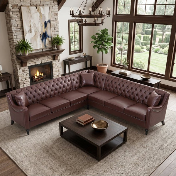 English Elm Pu Leather Tufted Living Room Sofa Set with Nail-Head Trim and Birch Wood Legs L-Shaped Sectional W680S00233