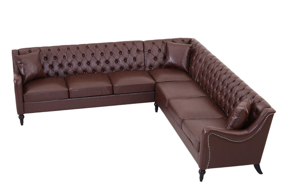 English Elm Pu Leather Tufted Living Room Sofa Set with Nail-Head Trim and Birch Wood Legs L-Shaped Sectional W680S00233