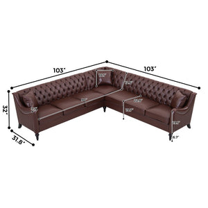 English Elm Pu Leather Tufted Living Room Sofa Set with Nail-Head Trim and Birch Wood Legs L-Shaped Sectional W680S00233