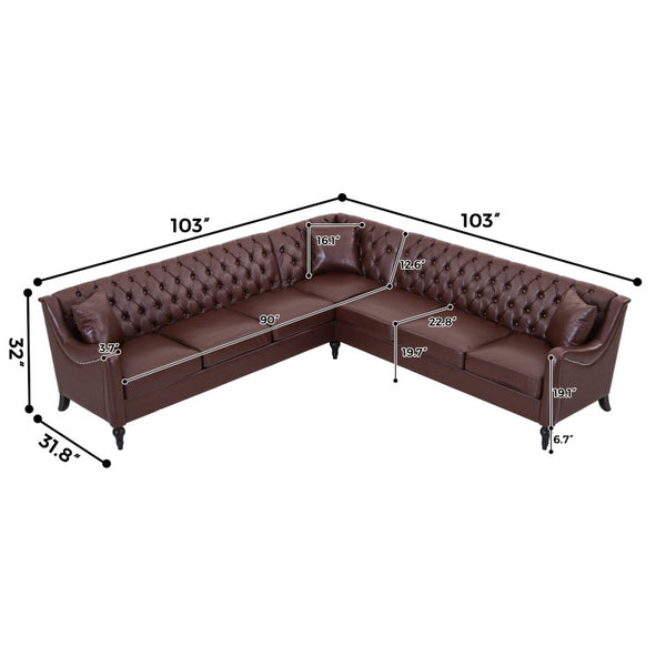 English Elm Pu Leather Tufted Living Room Sofa Set with Nail-Head Trim and Birch Wood Legs L-Shaped Sectional W680S00233
