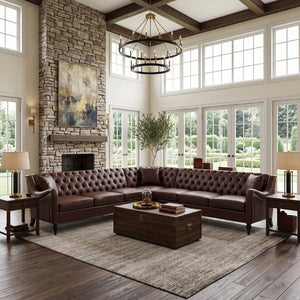 English Elm Pu Leather Tufted Living Room Sofa Set with Nail-Head Trim and Birch Wood Legs L-Shaped Sectional W680S00233
