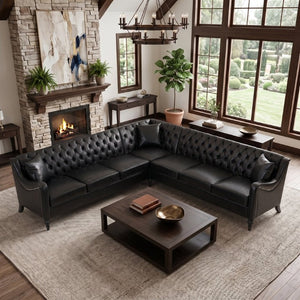English Elm Pu Leather Tufted L Shaped Sectional with Nailhead Trim and Birch Legs for Living Room W680S00234