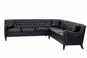 English Elm Pu Leather Tufted L Shaped Sectional with Nailhead Trim and Birch Legs for Living Room W680S00234