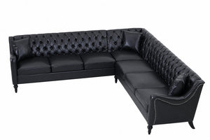 English Elm Pu Leather Tufted L Shaped Sectional with Nailhead Trim and Birch Legs for Living Room W680S00234