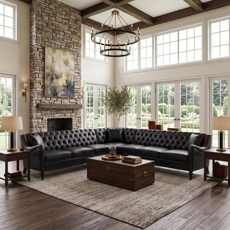 English Elm Pu Leather Tufted L Shaped Sectional with Nailhead Trim and Birch Legs for Living Room W680S00234